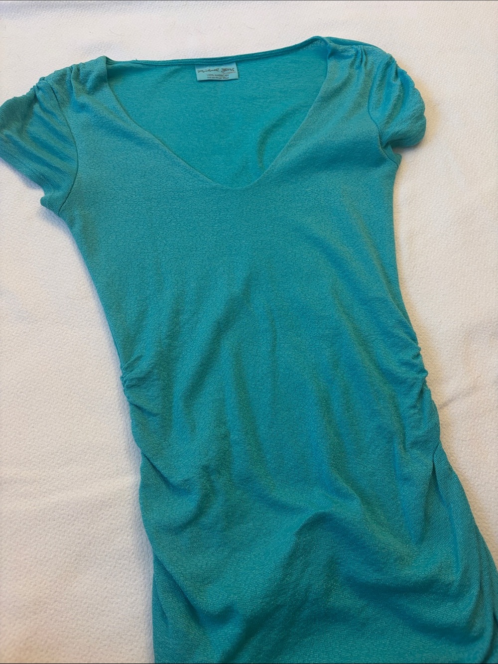 Vintage Michael Stars Teal V-Neck Ruched Side capped Sleeve Top tuckable small